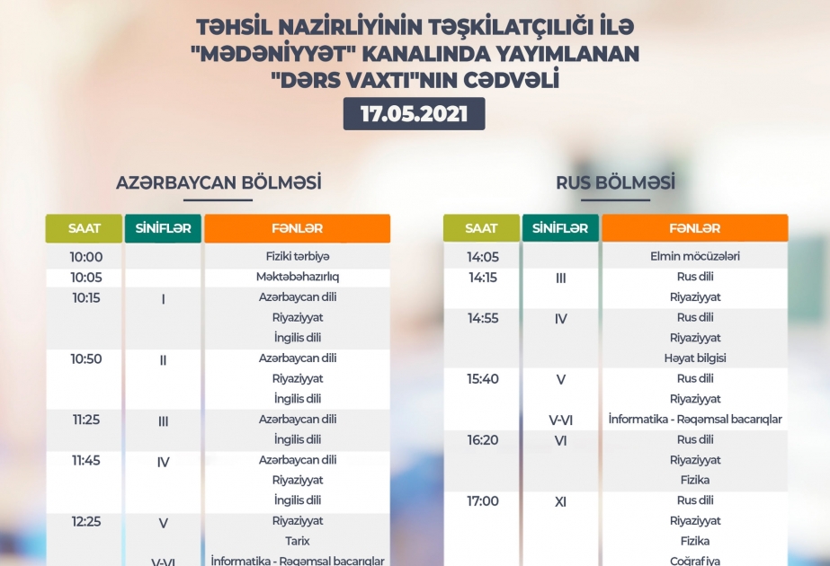Teledərslərin mayın 17-nə olan cədvəli