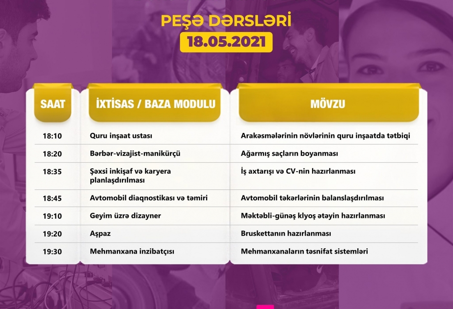 Peşə təhsili üzrə “Dərs vaxtı”nın mayın 18-nə olan cədvəli