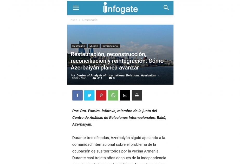 Çilinin “Infogate” agentliyi: Dağlıq Qarabağda hərtərəfli əməkdaşlığa kömək edilməsi Cənubi Qafqazda çoxdan gözlənilən sülhə və sabitliyə gətirib çıxara bilər