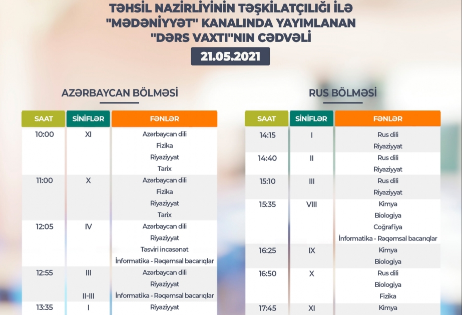 Teledərslərin mayın 21-nə olan cədvəli
