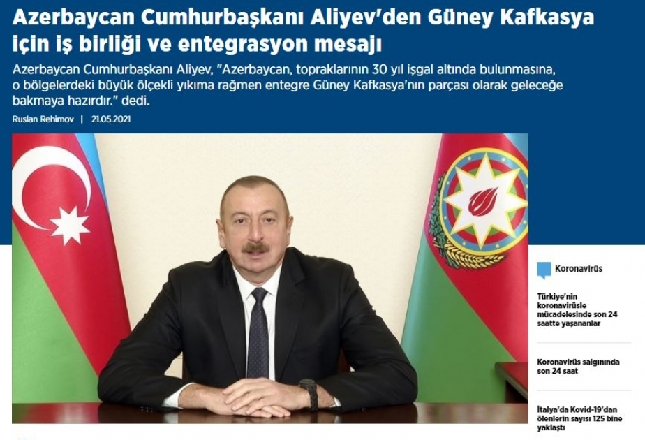 Azərbaycan Prezidentinin “Cənubi Qafqaz: Regional inkişaf və əməkdaşlıq perspektivləri” adlı müzakirələrdəki çıxışı Türkiyə mediasının diqqət mərkəzindədir