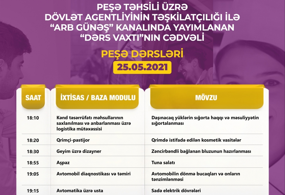 Peşə təhsili üzrə “Dərs vaxtı”nın mayın 25-nə olan cədvəli