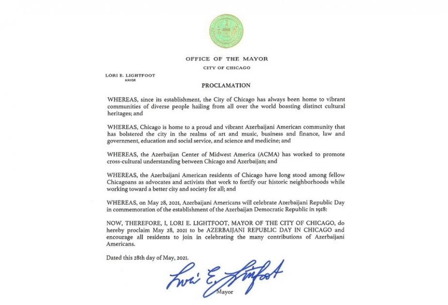 Bürgermeister von Chicago erklärt 28. Mai zum Tag der Republik Aserbaidschan