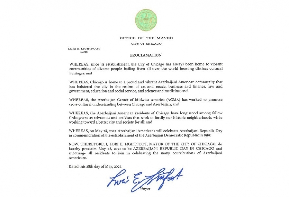 La maire de Chicago a proclamé le 28 mai 2021 Journée de la République d’Azerbaïdjan