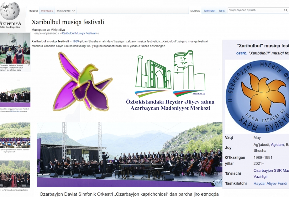 “Vikipediya”da özbək dilində “Xarıbülbül” musiqi festivalı haqqında bölmə istifadəyə verilib