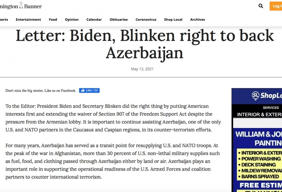 Bennington Banner: “Biden y Blinken apoyan correctamente a Azerbaiyán”