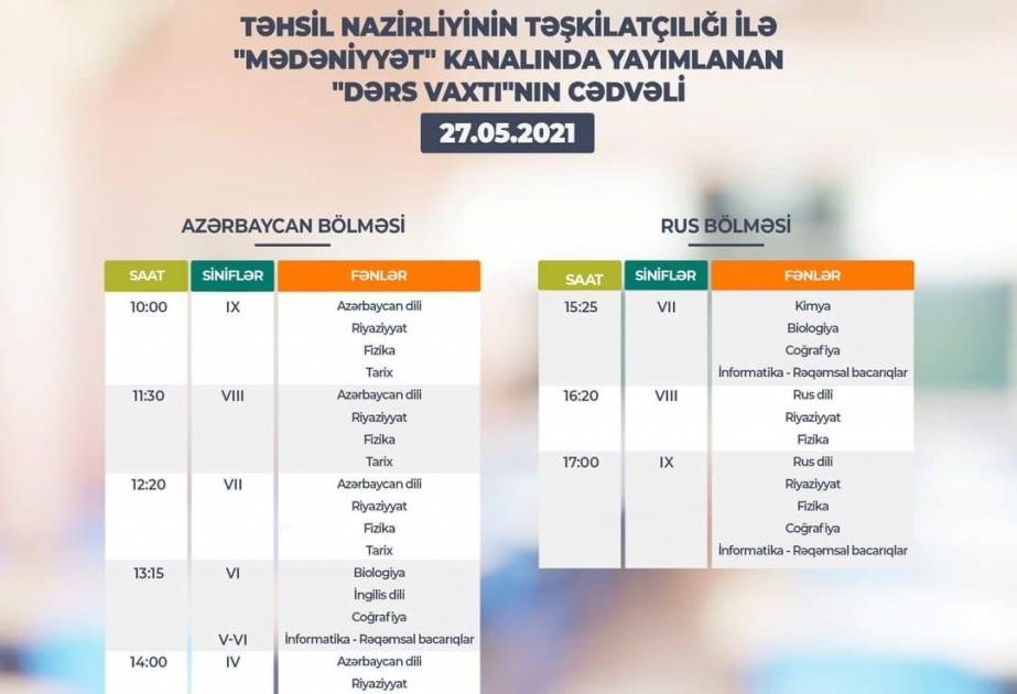 Teledərslərin mayın 27-nə olan cədvəli açıqlanıb