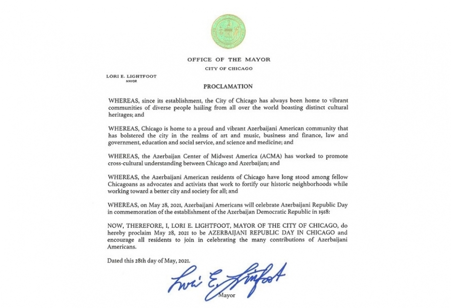 May 28, 2021 proclaimed as Azerbaijani Republic Day in Chicago