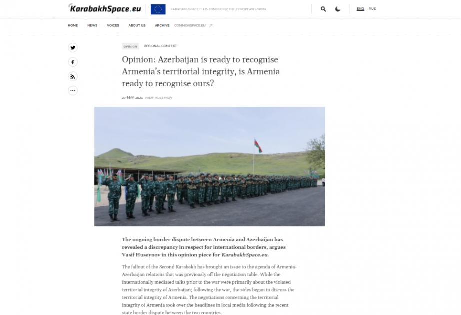 Avropa İttifaqının “Karabakh Space” portalında Azərbaycan-Ermənistan sərhədinin delimitasiyasına dair məqalə dərc olunub