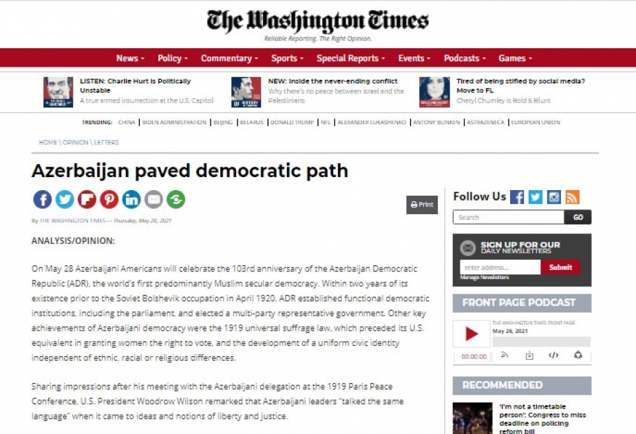 "Washington Times" Azərbaycanın Respublika Günündən yazdı