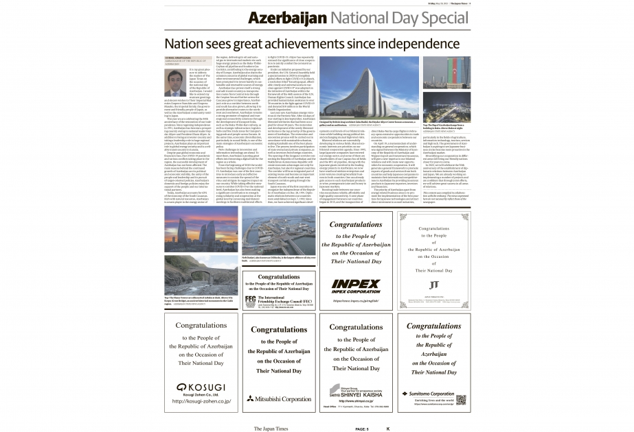 “The Japan Times” qəzeti bir səhifəsini Azərbaycanın 28 May – Respublika Gününə həsr edib