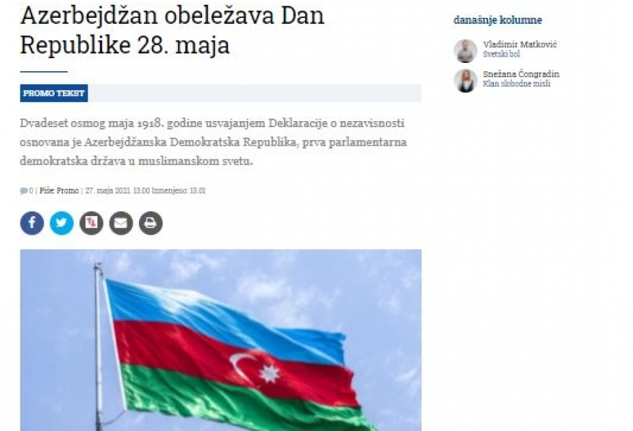 Serbiyanın nüfuzlu internet xəbər portalı 28 May – Respublika Gününə həsr olunmuş məqalə dərc edib