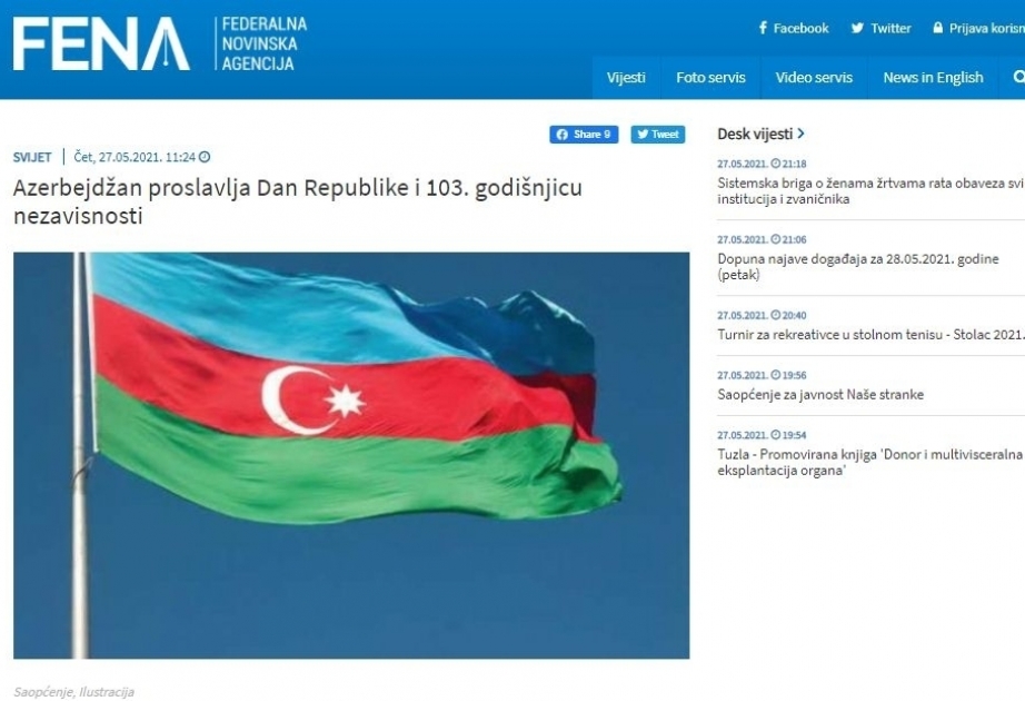 Bosniya xəbər agentliyinin saytında 28 May – Respublika Günü haqqında məqalə dərc edilib