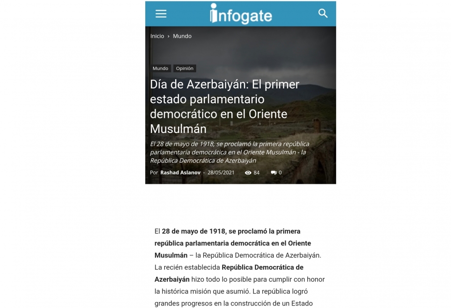 “Infogate” agentliyi: Bu il Azərbaycan xalqı 28 Mayı öz ölkəsinin ərazi bütövlüyünü bərpa etmiş qalib xalq kimi qeyd edir