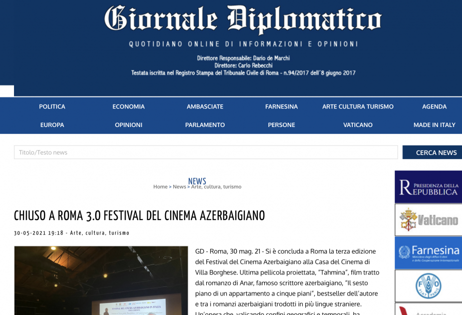 İtaliyada keçirilən üçüncü Azərbaycan Film Festivalı uğurla başa çatıb