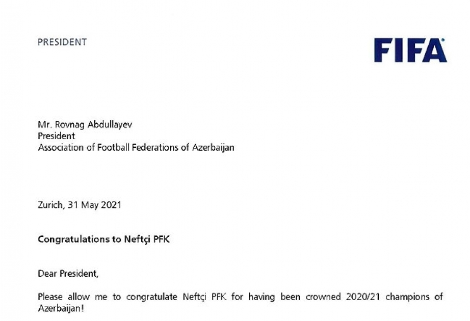 Le président de la FIFA a félicité le Neftchi FK d'être devenu champion d'Azerbaïdjan