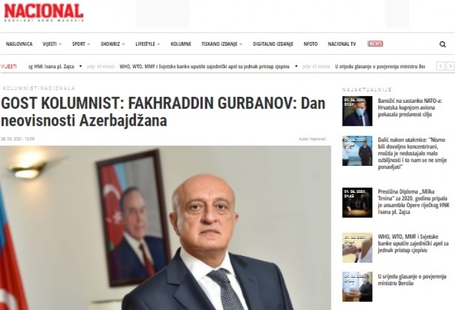 Xorvatiya KİV-ləri Azərbaycanın Cümhuriyyət tarixindən yazıb