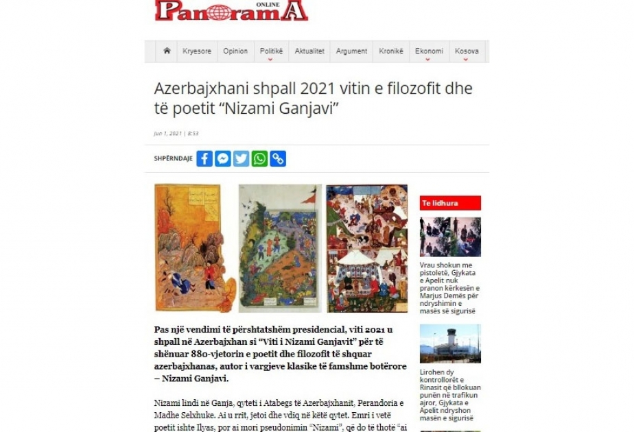 Nizami Gəncəvinin yaradıcılığı Albaniya mətbuatında geniş işıqlandırılıb