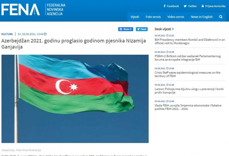 Bosniyanın xəbər agentliyində Azərbaycan şairi Nizami Gəncəvidən bəhs olunur
