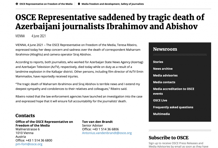 ATƏT-in Media azadlığı üzrə xüsusi nümayəndəsi Azərbaycan jurnalistlərinin ölümü ilə bağlı başsağlığı verib
