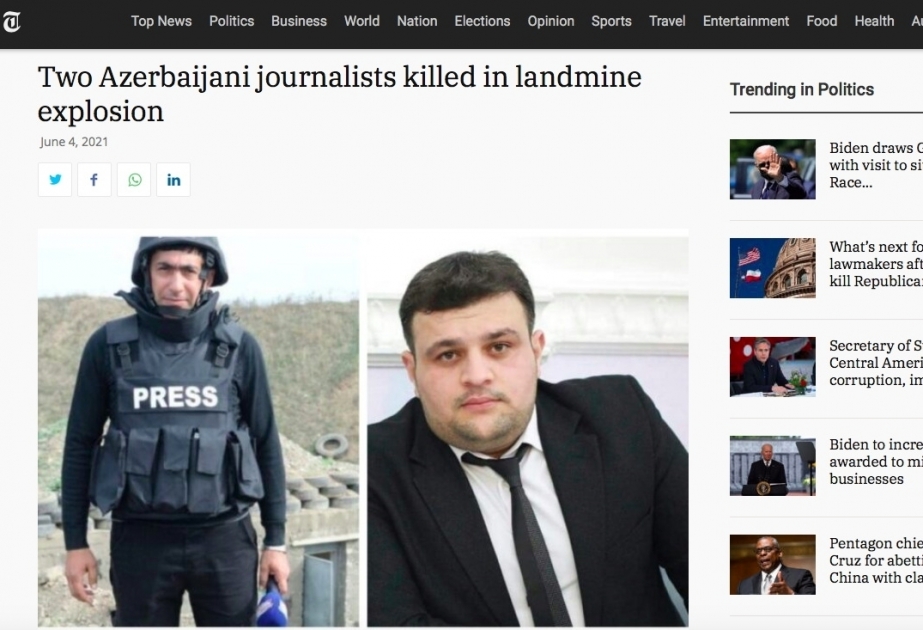 The USA Tribune: Dos periodistas azerbaiyanos muertos en la explosión de una mina