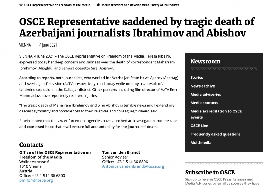Спецпредставитель ОБСЕ по вопросам свободы медиа выразил соболезнования в связи с гибелью азербайджанских журналистов