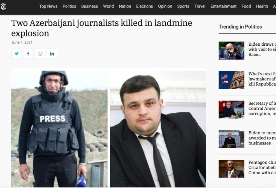 The USA Tribune: Two Azerbaijani journalists killed in landmine explosion