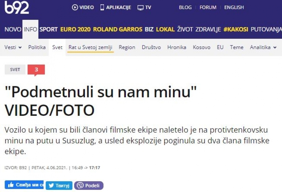 В сербском издании опубликовано сообщение о минном теракте в Кельбаджарском районе