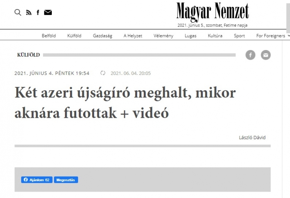 Венгерское издание Magyar Nemzet опубликовалo сообщение о гибели азербайджанских журналистов