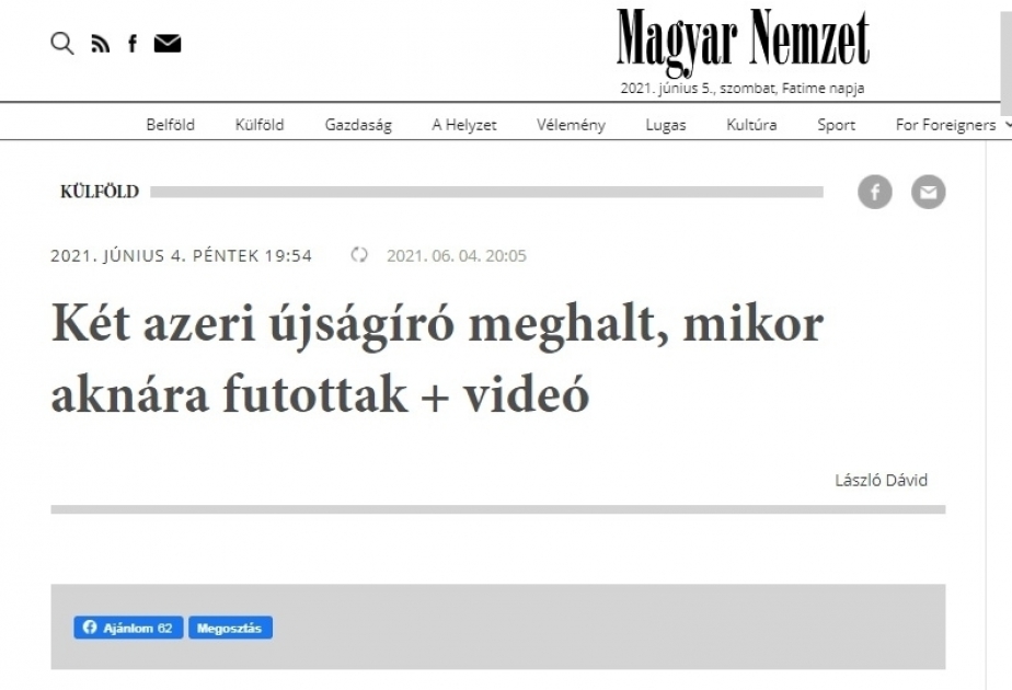 Macarıstanın “Magyar Nemzet” nəşri azərbaycanlı jurnalistlərin Kəlbəcərdə minaya düşmələri barədə məlumat dərc edib