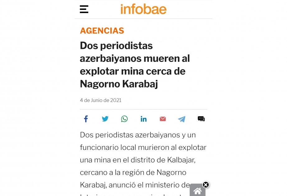 El diario argentino “Infobae” publica un artículo sobre los periodistas azerbaiyanos fallecidos por la explosión da una mina plantada por Armenia