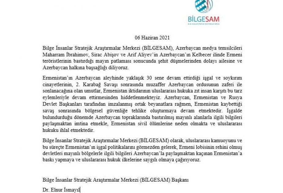 Türkiyədə fəaliyyət göstərən Strateji Araşdırmalar Mərkəzi Ermənistanın mina terroru ilə bağlı bəyanat yayıb