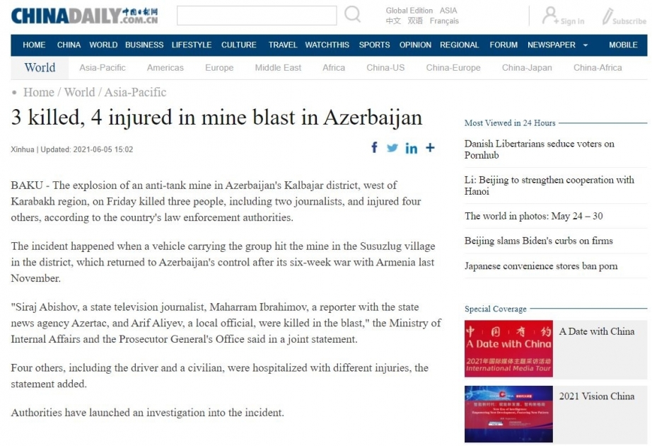 Medios de comunicación chinos difunden información sobre la muerte de periodistas azerbaiyanos a causa de la explosión de una mina en Kalbajar