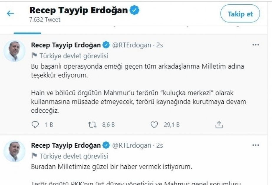 Senior PKK terrorist neutralized by Turkish forces: Erdogan