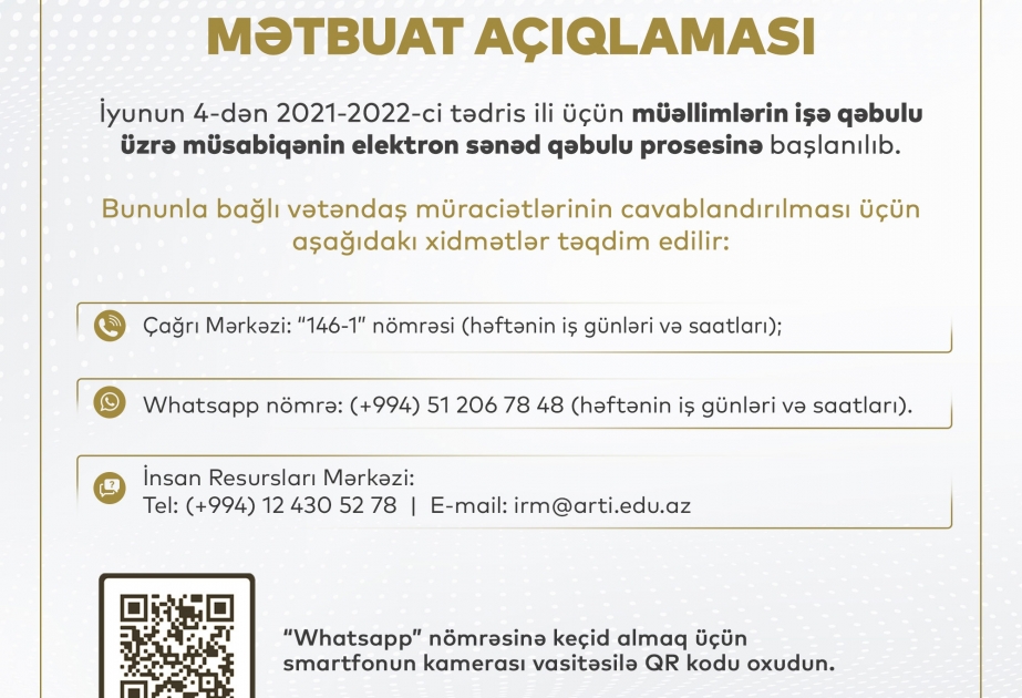 Təhsil Nazirliyi müəllimlərin işə qəbulu ilə bağlı müraciətlərin cavablandırılması üçün xidmətlər təqdim edir