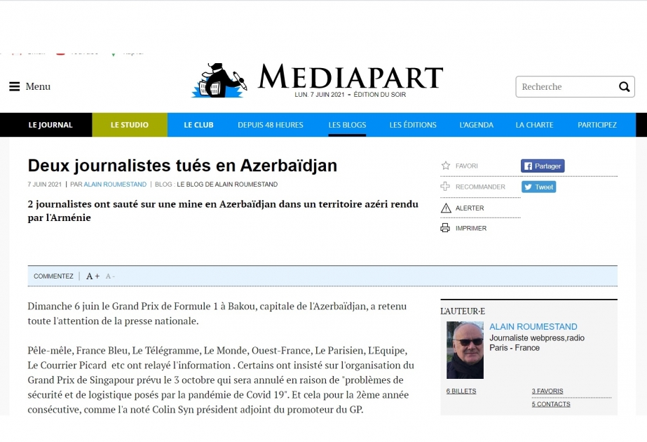 Fransanın “Mediapart” portalı minaya düşərək həlak olmuş azərbaycanlı jurnalistlərdən yazıb