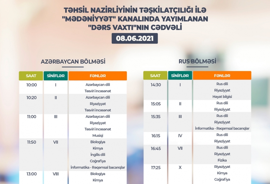 Teledərslərin bu günə olan cədvəli