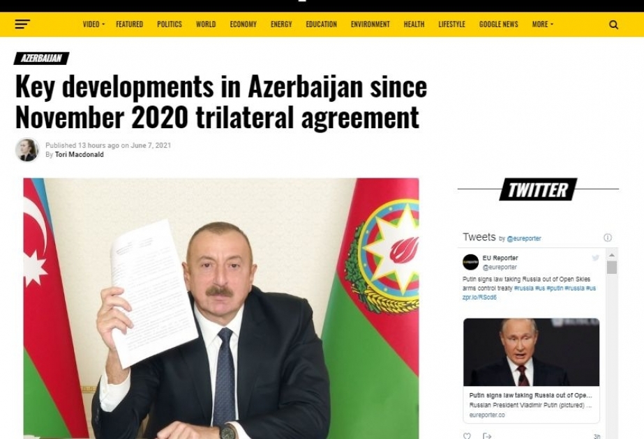Издание EU Reporter рассказало об успехах Азербайджана за первые 200 послевоенных дней
