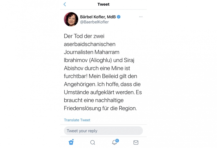 Немецкий политик выразила соболезнование в связи с гибелью гражданских лиц в Кяльбаджарском районе Азербайджана