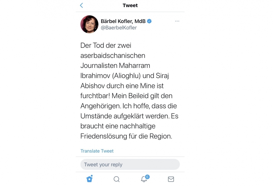Alman siyasətçi Azərbaycanın Kəlbəcər rayonunda mülki vətəndaşların həlak olması ilə əlaqədar başsağlığı verib
