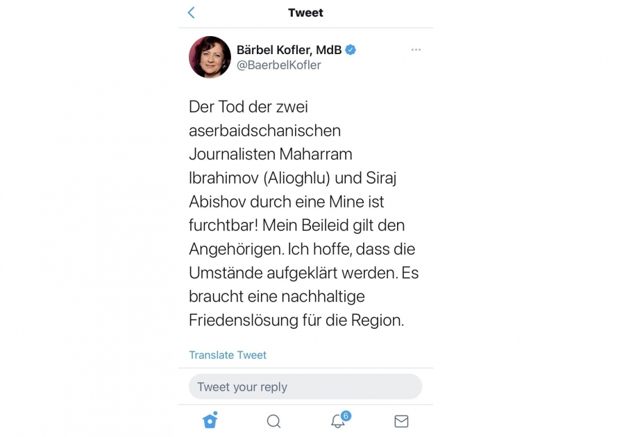 German politician expresses condolences over death of Azerbaijani civilians in mine explosion in Kalbajar