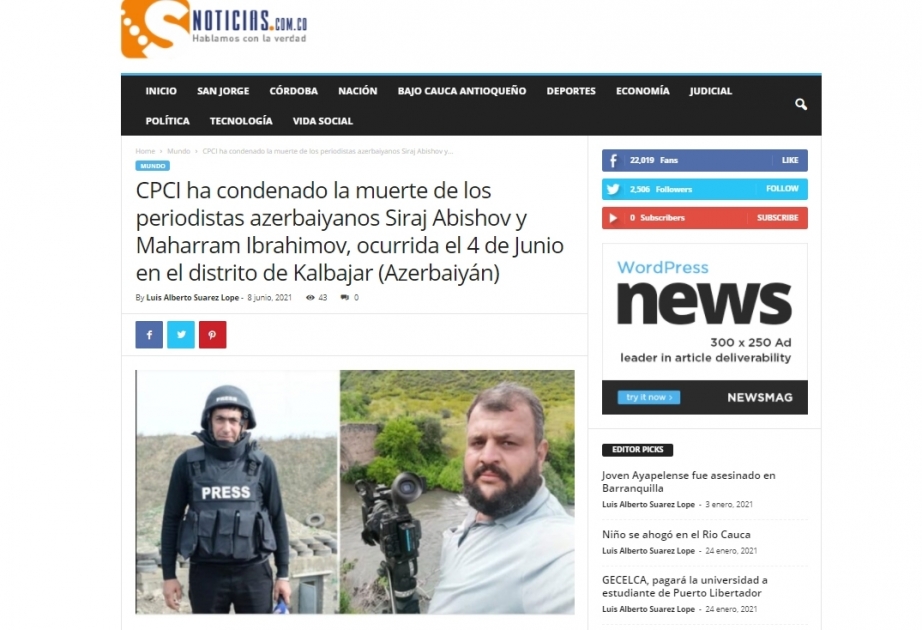 Pensamiento Caucásico-Iberoamericano condena la muerte de los periodistas azerbaiyanos Siraj Abishov y Maharram Ibrahimov