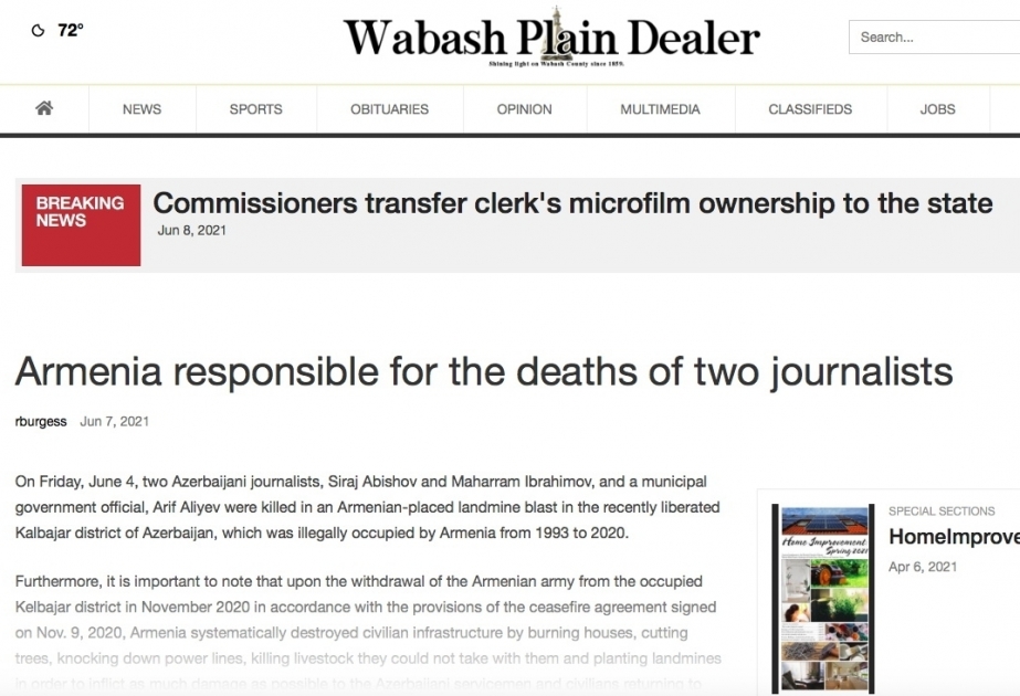 “Wabash Plain Dealer”: İki jurnalistin həlak olmasına görə məsuliyyət Ermənistanın üzərinə düşür