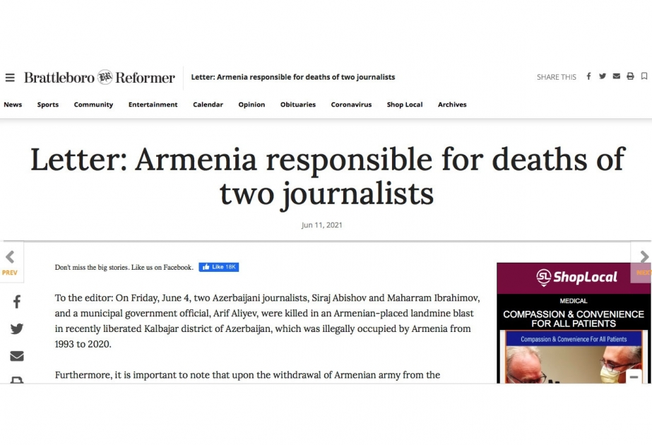 Brattelboro Reformer: Армения ответственна за гибель двух журналистов