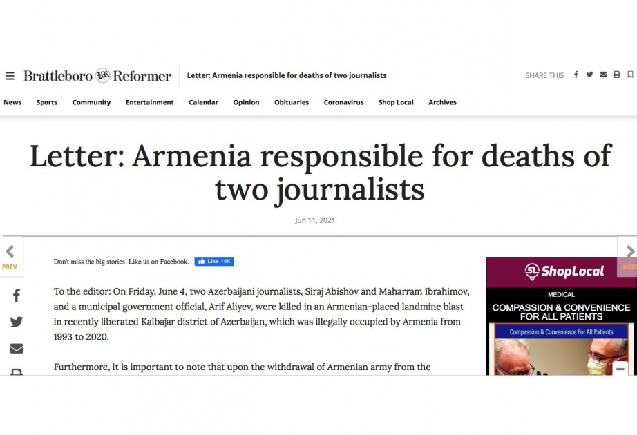“Brattelboro Reformer” qəzeti: Ermənistan iki azərbaycanlı jurnalistin həlak olmasına görə məsuliyyət daşıyır