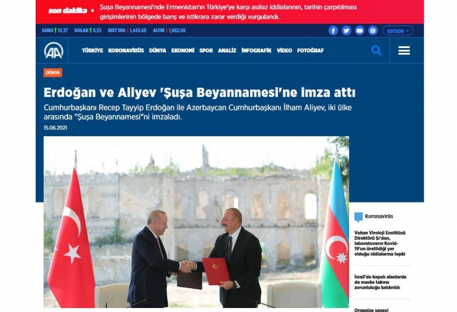 Şuşa Bəyannaməsinin imzalanması, Azərbaycan və Türkiyə prezidentlərinin mətbuata bəyanatları qardaş ölkə KİV-lərinin diqqət mərkəzində olub