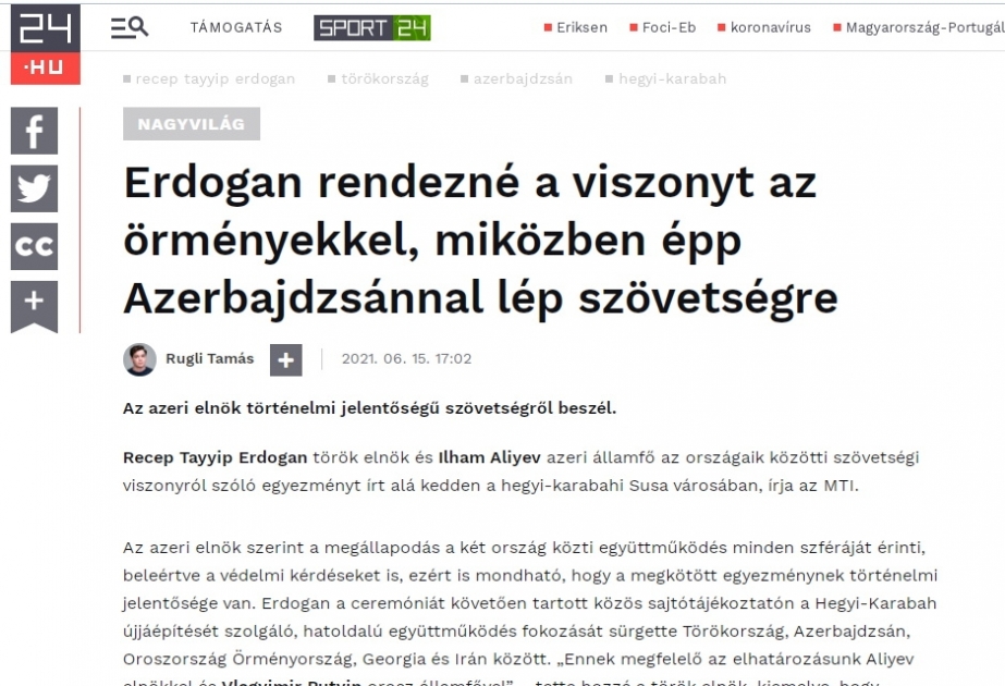Венгерское издание Hirado сообщило о подписании турецко-азербайджанской декларации в Шуше