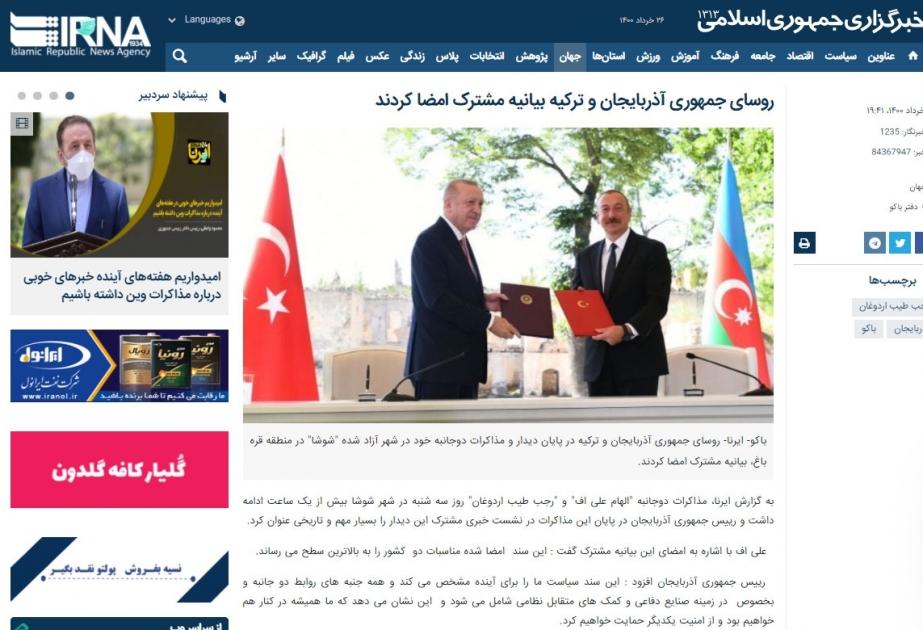 Türkiyə Prezidentinin tarixi Şuşa səfəri İran mətbuatında geniş işıqlandırılıb