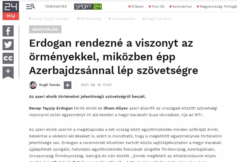 Macarıstanın 24.hu nəşri Türkiyə Prezidentinin Şuşaya səfərini işıqlandırıb