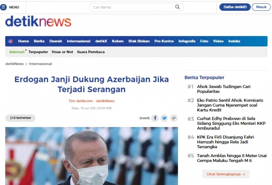Azərbaycan və Türkiyə prezidentlərinin imzaladıqları Şuşa Bəyannaməsi İndoneziya KİV-lərinin də diqqət mərkəzindədir